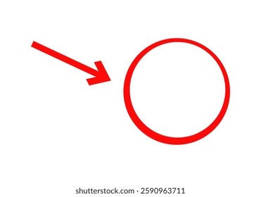 A bold red arrow directs attention to a simple red circle on a white background, illustrating focus.