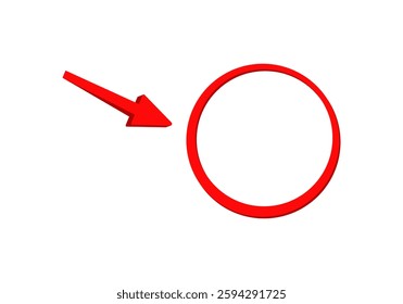 A bold red arrow points towards an empty red circle, creating a striking graphic design.