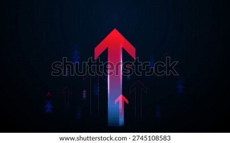 Bold red arrows rise against a dark grid, symbolizing digital growth in technology, Finance, and Business sectors. Glowing arrows for business growth concept in futuristic technology style. Successful financial development