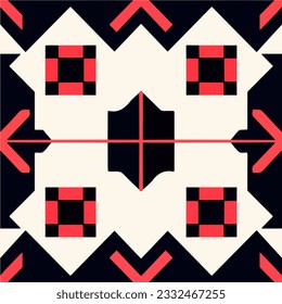 Bold red arrows stand out against a black and white background, creating a striking shipibo pattern with elements reminiscent of the famous Nazca designs.