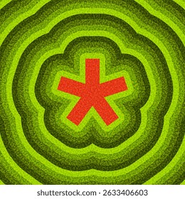 Asterisco rojo negrita centrado en líneas de ondulación concéntricas verdes vívidas. Ilustración vectorial con un toque retro vibrante.