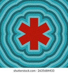 Fett-rotes Sternchen-Symbol über konzentrischen blauen Rippelringen. Vektorgrafik mit abstraktem Muster.