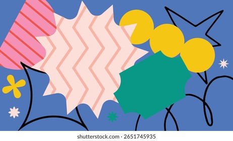 Bold red backdrop with expressive abstract shapes, playful squiggles, stars, and freeform lines in pink, yellow, and blue for artistic designs.