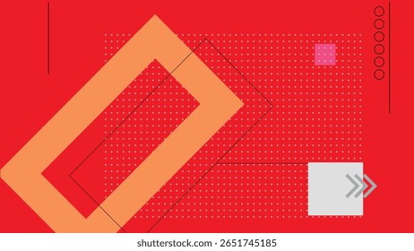 Fundo vermelho e arrojado com retângulos com contorno laranja, matriz pontilhada, setas e elementos de interface mínimos, projetado para composições inspiradas em tecnologia.