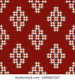 Bold red background with white geometric diamonds in a tribal style. Repeating design suitable for textile, fashion, and digital backgrounds.