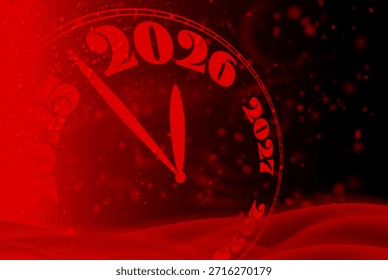 Design de relógio vermelho e preto negrito mostrando a contagem regressiva para o Ano Novo 2026. Ilustração vetorial.