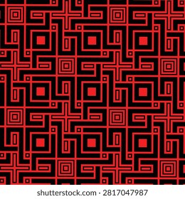 Bold red and black geometric maze seamless pattern vector illustration with interlocking Greek key lines and square ornament