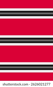 Bold red and black horizontal stripes create a vibrant, graphic pattern.