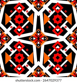 Bold red and black tribal geometric pattern with symmetrical diamond shapes. Perfect for textile design, ethnic backgrounds, or wallpaper.