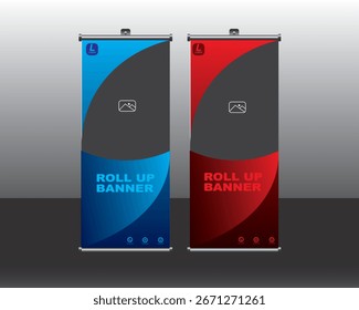 Conjunto de Plantilla de Anuncio enrollable azul rojo atrevido - diseño Corporativa de Standee de negocios, Anuncio de pantalla curvado moderno, Plantilla de Vector editable