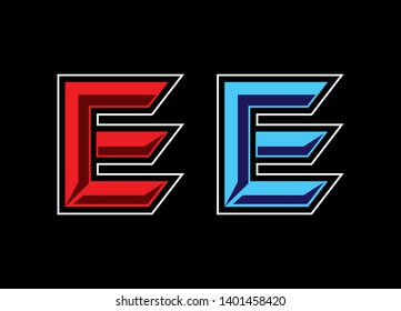 Bold red and blue stylized letter E logo design on a black background