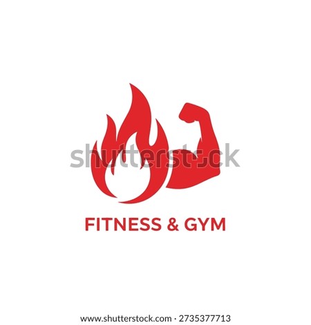 Bold red burning fire icon paired with strong flexed arm. High energy fitness branding for sports organizations.