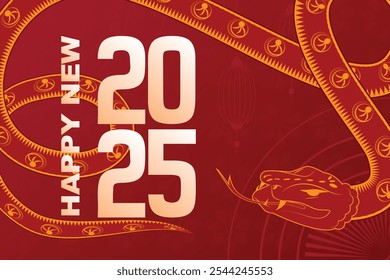 Bold red Chinese banner for Year of the Snake, featuring an open mouthed snake, lanterns, and Happy New Year 2025