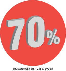 Ein roter Kreis zeigt siebzig Prozent weißen 3D-Text an. Diese Grafik ist einzeln auf transparentem Hintergrund, perfekt für Verkaufsaktionen.
