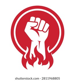 A bold red circle with a raised fist and flames, symbolizing power, protest, and activism