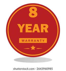 A bold red circular badge with white text displaying "8 Year Warranty", ideal for product packaging, advertisements, and promotional materials to emphasize warranty coverage.