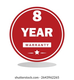 A bold red circular badge with white text displaying 8- Year Warranty", ideal for product packaging, advertisements, and promotional materials to emphasize warranty coverage.