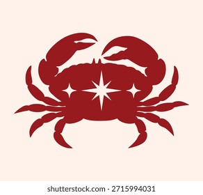 Bold red crab illustration with celestial star symbol, minimalist marine animal design on soft background, strong symmetrical shape, graphic coastal icon inspired by zodiac and mythology