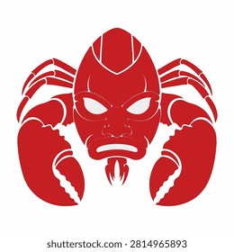 A bold red crab mask featuring an aggressive expression and detailed design, suitable for cultural, artistic, or theatrical themes.