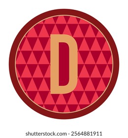 Bold red D letter inside a circular emblem with maroon borders and intricate triangle patterns, suitable for modern branding and stylish design elements.