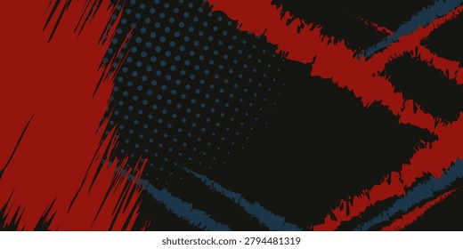 Bold red and deep black abstract composition featuring halftone textures, rough brush strokes, and diagonal geometric accents. Designed for energetic branding, digital banners, editorial layouts, posters, and modern promotional graphics.
