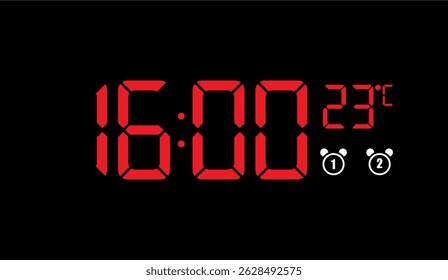 Tela Digital Vermelha Negrito em Fundo Preto mostrando 16:00 horas, 23 graus Celsius e Conjunto de Alarmes Duplos, um Design Contemporâneo para Visualização de Relógio e Temperatura