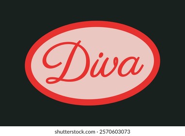 Bold red Diva text in cursive style, centered within a red-bordered oval on a black background. Elegant and stylish branding concept. Vector illustration