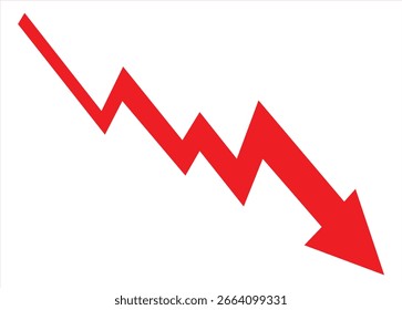 A bold red downward trending arrow with a jagged zigzag pattern symbolizing a sharp decline or loss in financial markets or business performance	