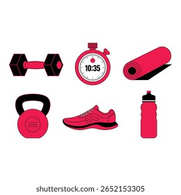 Bold Red Fitness Icons Dumbbell Kettlebell Stopwatch Yoga Mat Running Shoe Water Bottle Minimalist Graphic Design