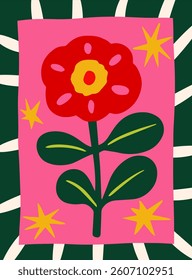 A bold red flower with green leaves and yellow center on a pink background, surrounded by star shapes and abstract dark green elements. Vector illustration