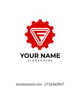 Um logotipo vermelho e arrojado com um triângulo branco contendo a letra F, simbolizando indústria e tecnologia. Os textos 'SEU NOME' e 'SLOGAN AQUI' estão abaixo.