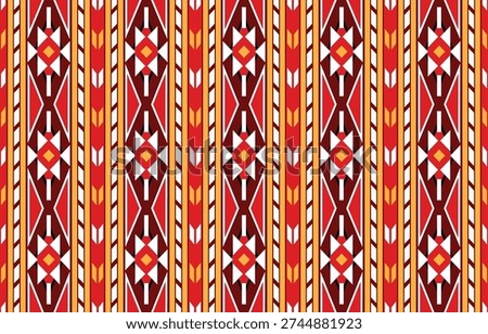 Bold red and gold geometric seamless pattern inspired by tribal textile motifs. Symmetrical vertical stripes with diamond shapes, perfect for fabric print, wallpaper, wrapping paper, surface design and decorative backgrounds.
