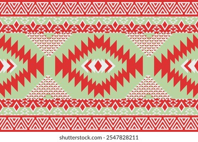 Bold Red and Green Geometric Tribal Pattern with Angular Diamond Motifs and Layered Details. Festive Design for Textiles, Wallpaper, and Cultural Holiday Decorations