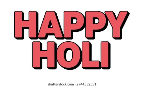 Bold red Happy Holi text with black shadow effect centered on white background, festive lettering design for Hindu spring festival celebration