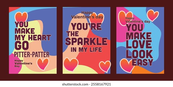 Bold Red Heart Valentine’s Cards with Artistic Pastel Theme. A set of Valentine’s Day greeting card with sample text, red hearts and abstract backgrounds templates vector illustration. 