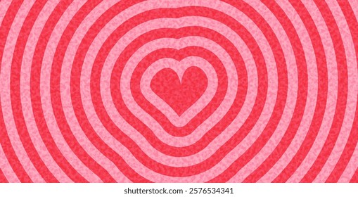 Bold red heart design featuring textured concentric stripes. Great for romantic and festive visuals. Vector illustration.