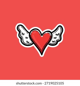 Um coração vermelho arrojado com asas cinzentas estilizadas em um fundo vermelho vivo, transmitindo amor, afeto e liberdade. Ideal para o Dia dos Namorados, cartões comemorativos, branding e campanhas românticas.
