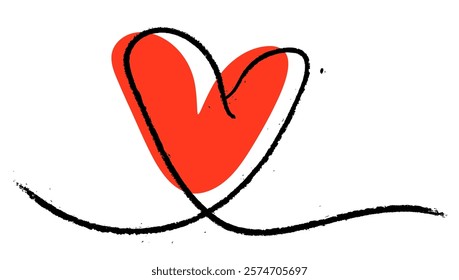 Bold red heart with a textured black line loop, symbolizing passion and creativity. Vector illustration.