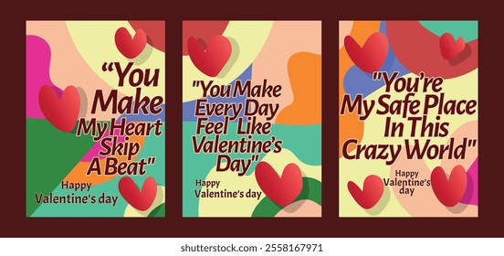 Bold Red Heart Valentine Cards with Pastel Art Themes. A set of Valentine’s Day greeting card with sample text, red hearts and abstract backgrounds templates vector illustration. 