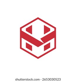 Um esboço hexagonal vermelho arrojado contendo formas abstratas "M" dentro, criando um design moderno e estruturado