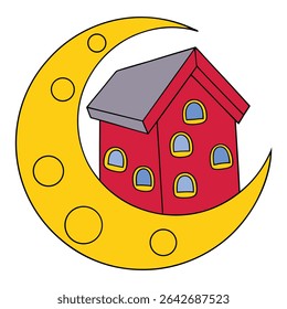 A bold red house stands on the moon's dusty surface, glowing under a starry sky—an otherworldly symbol of imagination, solitude, and lunar exploration.
