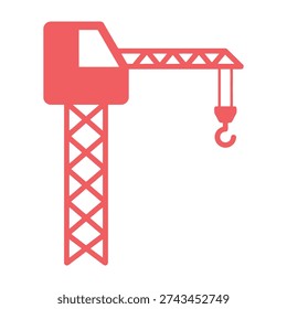 A bold red industrial crane stands tall against a clean white background showcasing its sturdy lattice framework and extended horizontal arm with a suspended hook