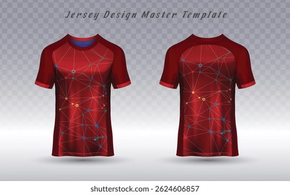 Bold red jersey template with an abstract network pattern in yellow, blue, and red, creating a dynamic, interconnected design. Perfect for esports, tech-inspired teams, or high-energy athletic apparel