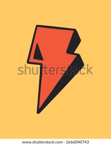 Bold red lightning bolt graphic on a yellow background. Striking lightning bolt design, perfect for dynamic themes. Lightning bolt adds energy and impact. Funky vector illustration.