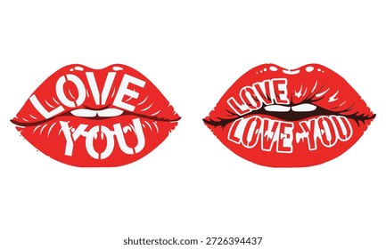 Bold red lips with embedded love text in pop-art style, perfect for romantic t-shirt or card designs.