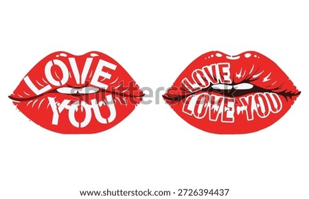 Bold red lips with embedded love text in pop-art style, perfect for romantic t-shirt or card designs.