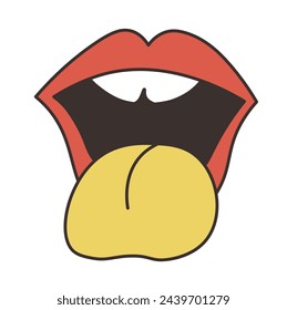 Bold red lips with tongue sticking out in pop art style, vector illustration isolated on white, playful and iconic, suitable for retro-themed designs.