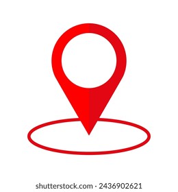 Bold red location pin icon centered over a shadow, isolated on white. Vector illustration. EPS 10.