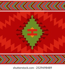 Bold Red Navajo Geometric Pattern with Green Diamond and Zigzag Borders