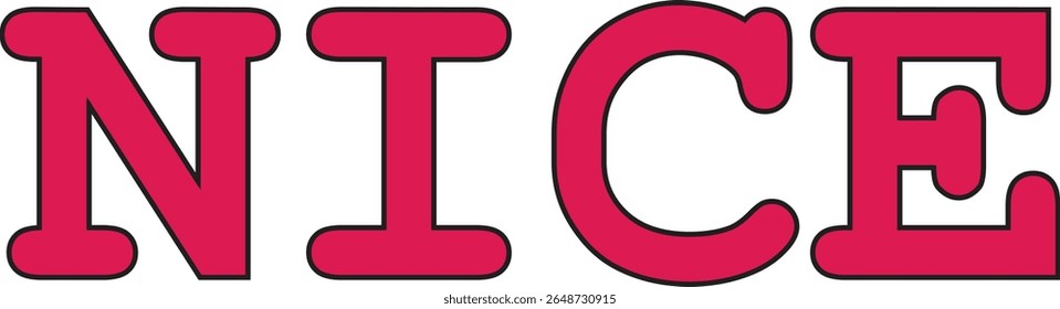 Bold red "NICE" text in playful rounded font, outlined in black for contrast, perfect for stickers, signs, social media graphics, or motivational poster designs with cheerful tone.